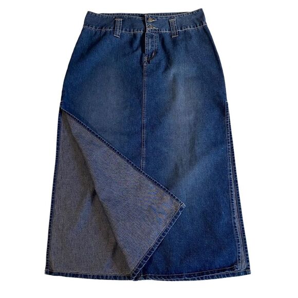 Vintage 90s Squeeze Stephen Hardy Denim Maxi Midi Skirt Deep Side Slits Sz 13/14 - Picture 3 of 13